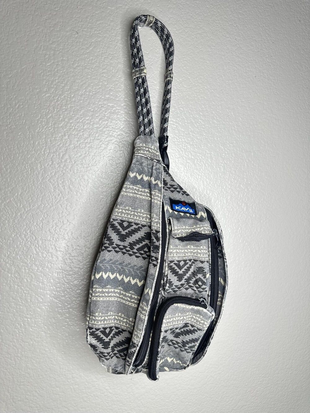 KAVU Gray Rope Sling Backpack Canvas Crossbody Travel Bag Geometric Unisex